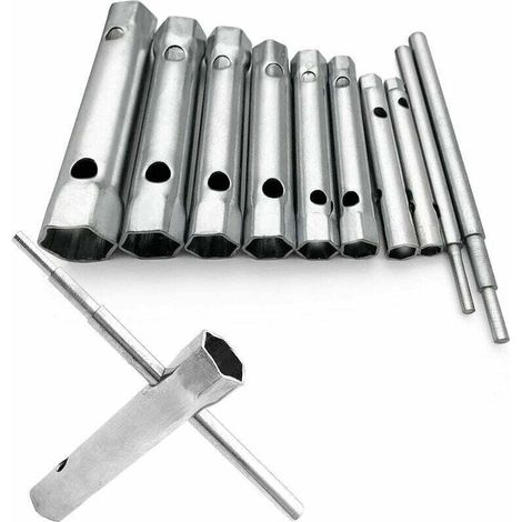 Satz mit 10 Rohrschlüsseln 6 bis 22 mm, Rohrzangen, Zündkerzenschlüssel zum Einschrauben von Zündkerzen, Demontieren/Montieren von Wasserhähnen und Mischbatterien, Lösen von schwer zugänglichen Schrau