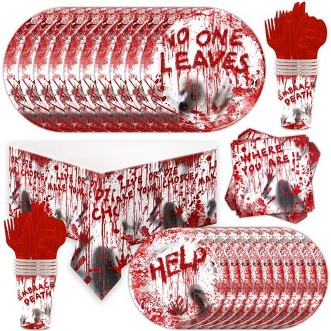Ensemble de 8 pièces de décoration de fête d horreur d Halloween, décoration de lieu, assiette à dîner avec empreinte de sang d horreur, ensemble de vaisselle jetable pour fête