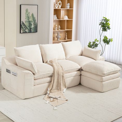 Divano modulare 3 posti con pouf 263x167x85 cm beige in velluto a coste con cuscini e tasche laterali (1/5)