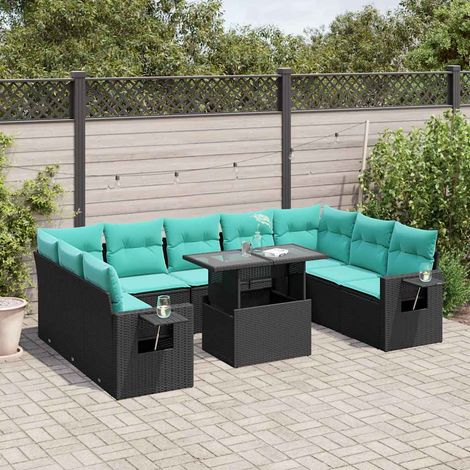 10-teiliges Gartensofa-Set mit Kissen, schwarzes Polyrattan (1/5)