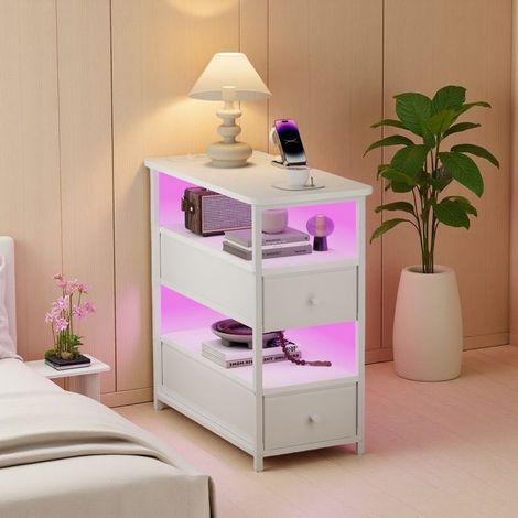 Couchtisch, Beistelltisch, niedriger Tisch für das Wohnzimmer, Nachttisch, LED, 2 Schubladen, 2 Regale, moderner Stil, 58x28x60.5 cm, Weiß
