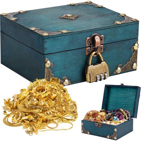 Coffre au trésor en bois vintage pour enfants avec serrure - 15 x 12 x 7 cm - Coffre en bois de pirate pour le rangement et la décoration de cadeaux (1/5)