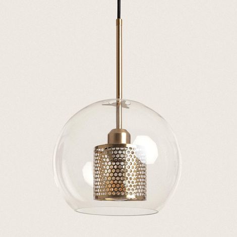 Ledkia – Suspension métal et verre Julieta doré – Abat-jour sphérique en verre transparent – Douille design en métal or satiné – Compatible ampoule E27 (1/5)