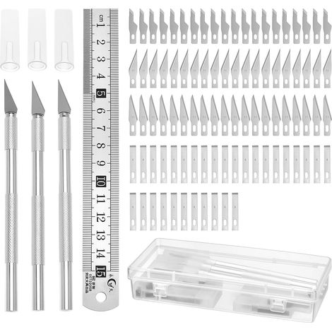 Coffret de 3 couteaux à découper avec capuchon de protection, règle en acier et 90 lames de rechange Polyvalent pour les loisirs créatifs (1/5)