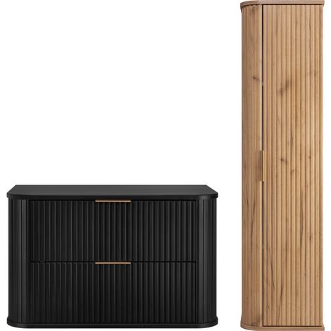 Ensemble meuble sous vasque NOIR 80 cm et colonne CHÊNE 35/139 cm à suspendre GLAMOUR (1/5)