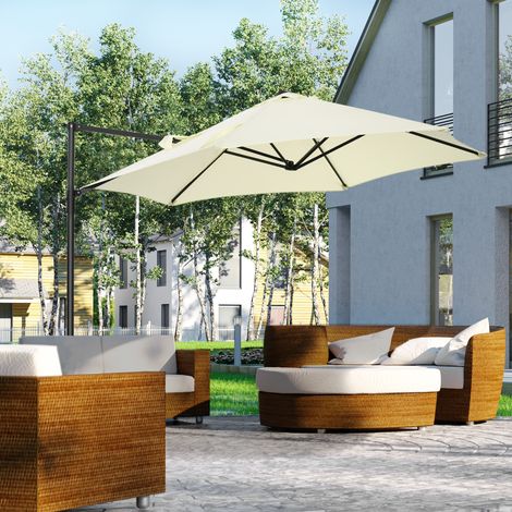 Sombrilla de jardín de 2,6 x 2,6 m con rotación de 360°, base descentrada, acero y poliéster de 180 g/m² con ventilación, para patio y jardín, color beige.