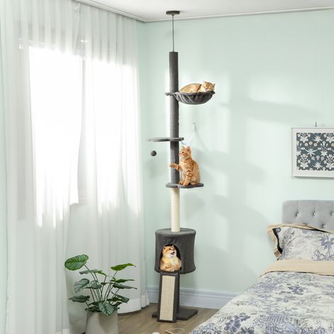 Arbre à chat pour plafond de 220 à 240 cm de haut avec hamac. Maison. Plateformes fleuries et poteaux en sisal. Gris.