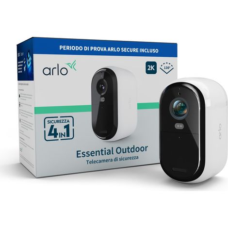 Arlo Essential 2 2K, Telecamera WiFi da Esterno Senza Fili, 6 mesi di autonomia, Visione Notturna a Colori, Illuminazione, Sirena, Audio Bidirezionale, 1 Telecamera Bianca (1/5)