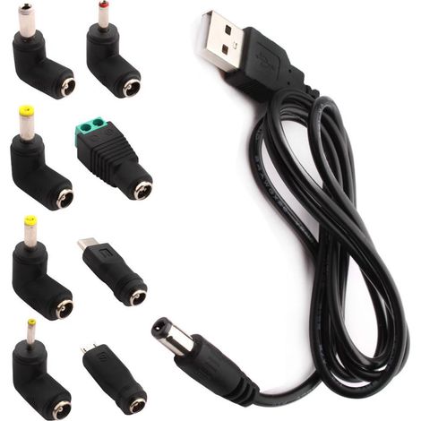 cable usb vers dc 5v,Câble USB vers DC d'alimentation,8-en-1 DC adaptateur alimentation 5.5 x 2.1mm DC Barrel Jack pour Ordinateur Portable, Routeur etc(1m, noir)
