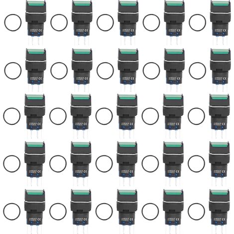 Interrupteur poussoir lumineux 16mm carré auto-verrouillant 24V 5A vert - Lot de 25 petits boutons d'alimentation (1/5)