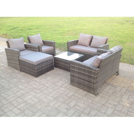 High Back Dark Mixed Grey Rattan Sofa Set Outdoor Furniture Square Coffee Table Big Footstool Chairs 2 Seater Love Sofa 7 Seater (1/5)