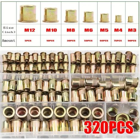 Coffret de 320 Écrous à Sertir en Acier Carbone Zingué Coloré, Inserts Filetés à Tête Plate et Corps Moleté M3 à M12, Assortiment d’Écrous-Rivets pour Tôle, Tube, Profilé, Carrosserie, Meuble et Brico (1/5)