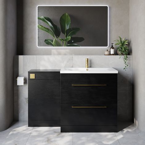 Napoli 460 Nero Oak 1300mm 2 Drawer Vanity Unit Toilet Suite with Glide Basin - 1300mm - Brushed Brass 480mm HandleWithout Kingston Toilet Pan