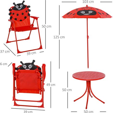 Ensemble de mobilier de jardin pour enfants, 4 pièces (2 chaises pliantes, parasol, table ronde), en acier et tissu Oxford, rouge (1/5)