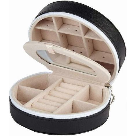 Boîte à bijoux de voyage pour femme (noire) - Étui de rangement portable pour bijoux, boucles d'oreilles et bagues avec compartiments de rangement (1/4)