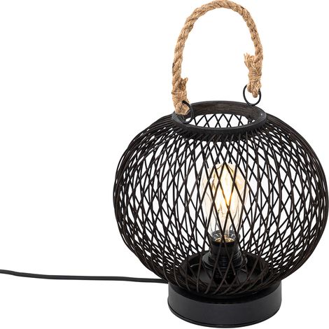 QAZQA rústico Lámpara de mesa de exterior rústica de ratán negro - Calamus /Acero Redonda Adecuado para LED Max. 1 x 40 Watt