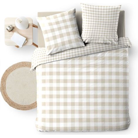 Parure de lit 3 pièces 240 x 220 cm VICTORINE – Vichy naturel – Coton 57 fils réversible