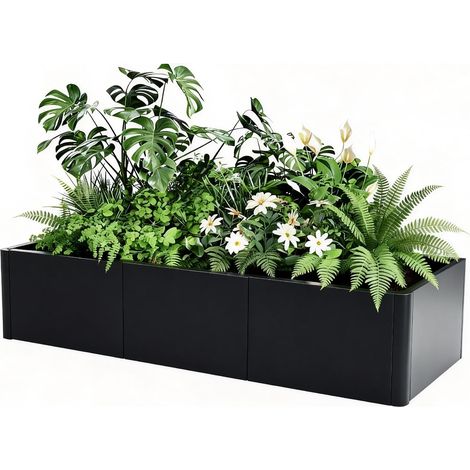 Bac à Fleurs Métal Surélevé 136x52x30 cm, Assemblage Sans Outil – Coins Arrondis – Anti-débordement,Carré potager avec fond (1/5)