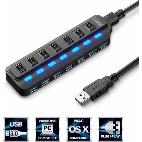 7 Port USB 3.0 Hub, USB Data Splitter, [Plug & Play], Individual Power Switch and LED for iPhone iPad Samsung Windows Mac Surface for Laptop PC PC (1/5)