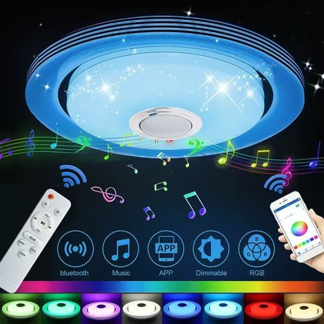An LED ceiling light that integrates a Bluetooth speaker, dimmable RGB lighting, remote control, and Bluetooth drawing application. (1/4)
