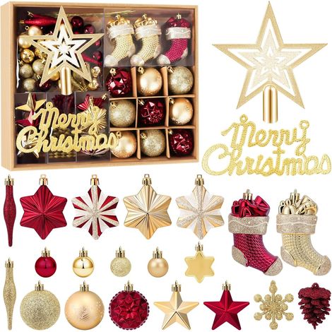 Lot de 70 Boule de Noel, Décoration Noel Sapin avec LED, Boules de Noël en Plastique Incassable pour Decoration Noel Extérieur ou Intérieure,Rouge et Or (1/5)