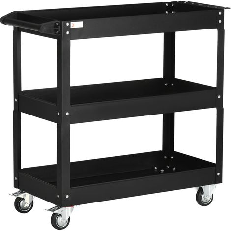 Schwarzer Werkstattwagen aus Stahl mit 3 Ablagen, Rollen und Griff, 150 kg, 83 x 35,3 x 76 cm (1/5)