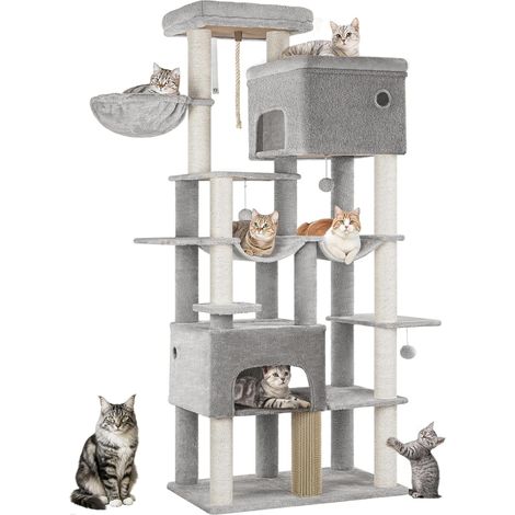 Arbre à chat 200 cm – 10 griffoirs sisal – 2 plateformes panoramiques – Base renforcée pour stabilité – Tissu pelucheux facile d'entretien (1/5)