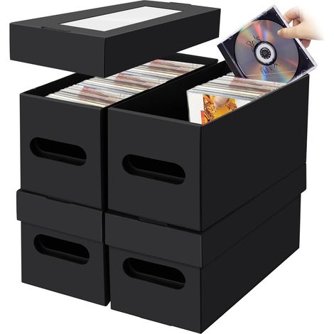Lot de 4 Boîtes de Rangement CD et DVD avec Fenêtre, Coffres Capacité 660 Pochettes, 240 Étuis Fins ou 120 Étuis Jewel, Rangement Disques (1/5)