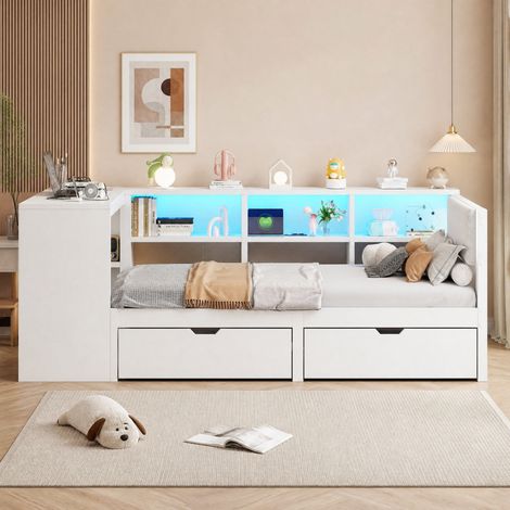 Lit plateforme 90x200 cm en MDF blanc avec rangement, pour petits espaces, sans matelas – MEUBLIV (1/5)