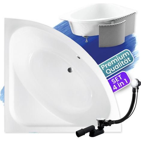 Badewanne Eckbadewanne 148x148 mit Styroporverkleidung, Ablaufgarnitur & Füßen GRATIS - Komplettset 4in1 Original Acryl Wanne Siphon - BADLAND LUKSJA (1/5)