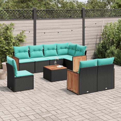9-teiliges Gartensofa-Set mit Kissen, schwarzes Polyrattan (1/5)