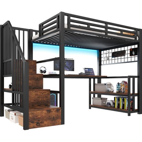 Lit mezzanine 90x200 cm avec bureau, étagère de rangement, grille suspendue, LED, 2 USB et port Type-C, cadre métal noir, pour chambre d'enfant, sans matelas CHICFURN (1/5)
