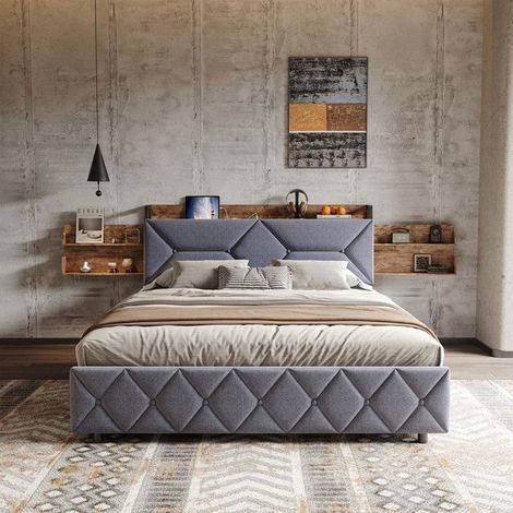 Letto matrimoniale 160x200 - Rete naturale - Cassetti silenziosi 85L - Testata regolabile USB-C - Design moderno