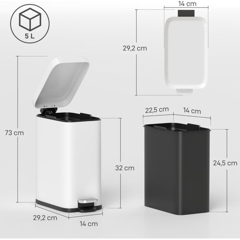 Poubelle à pédale 5L, corbeille de salle de bain en métal blanc, avec couvercle et pédale, seau intérieur amovible, conteneur à déchets compact pour salon, bureau, WC, dimensions 29,2 x 14 x 32 cm. (1/5)