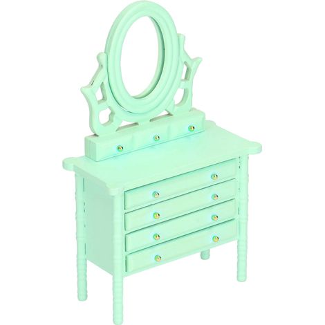 Coiffeuse miniature pour maison de poupée à l'échelle 1:12, miniature détaillée en bois avec miroir, verte. (1/5)