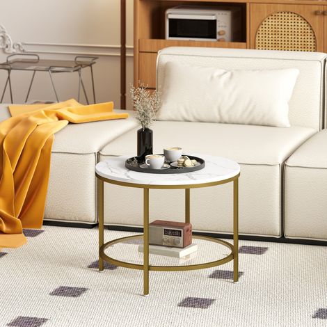 Table basse salon ronde moderne à 2 niveaux plateau effet marbre et étagère en verre trempé (1/5)