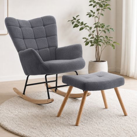 Poltrona a dondolo in lana d'agnello grigio 91x61x88 cm, schienale alto, seduta spessa, poggiapiedi incluso, struttura in metallo e legno (1/5)