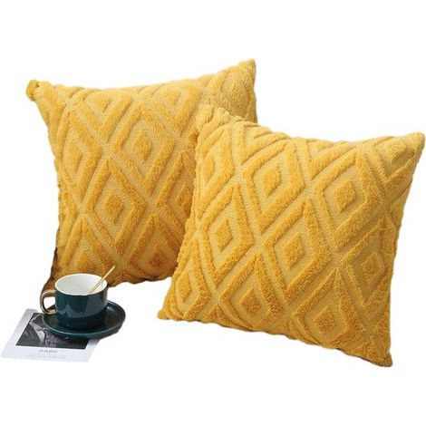 Lot de 2 housses de coussin en peluche motif losange, coloris jaune, 45 × 45 cm (1/4)