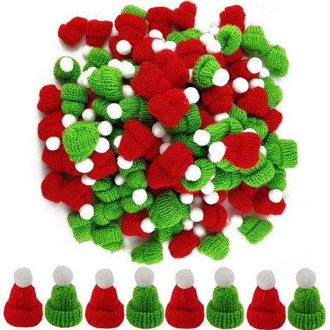 55 mini cappelli di Babbo Natale lavorati a maglia - Cappelli per bambole e decorazioni natalizie - Accessori per capelli fai da te (rosso e verde) (1/4)
