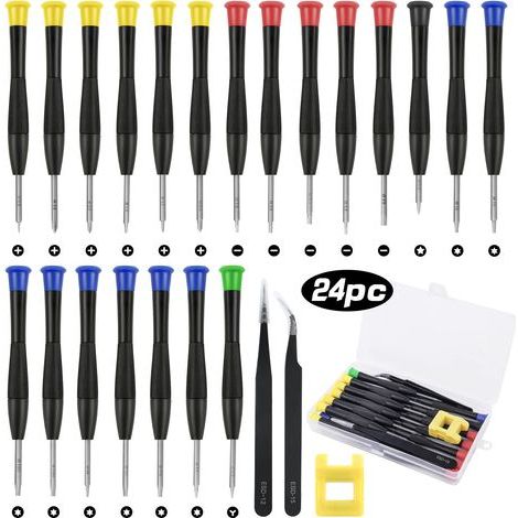 24PCS Mini Tournevis, Tournevis de Réparation Précision Lunettes PC PS4 Montre Bijoux Lunettes,Téléphone, 2 Pince à Épiler, Magnétiseur et Boîte de Rangement (1/5)
