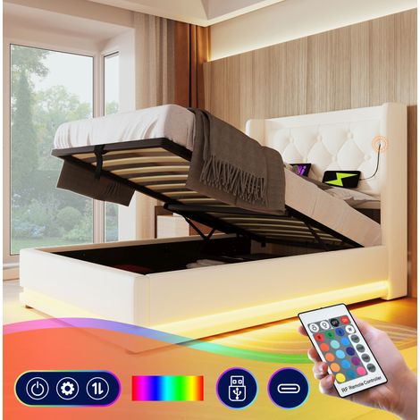 Cama tapizada 90/200 cm blanca de PU con arcón hidráulico, LED y USB Tipo-C (1/5)