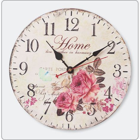14" Horloge Murale Vintage Français Belle Rose Motif Floral Horloge Murale Chiffres Romains à Piles en Bois Horloge Murale à Quartz (1) (1/5)