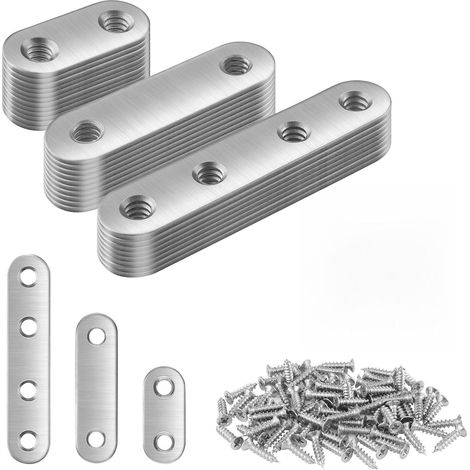 30 Pièces Équerres Plates Fixation Inox, 76mm/55mm/36mm Équerre Plate Métal Inox Connecteur avec 76 Vis, Pattes d'Assemblage Inox, 3 Tailles Argent, pour Fixer Meubles Bois Tables Chaises Lits (1/5)