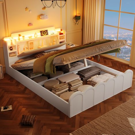 Lit panneauté 140x200 cm, hydraulique, avec charge USB Type-C, éclairage LED, commande par bouton/App, sans matelas, coffre à ouverture par le haut, rangement multifonctionnel, Blanc