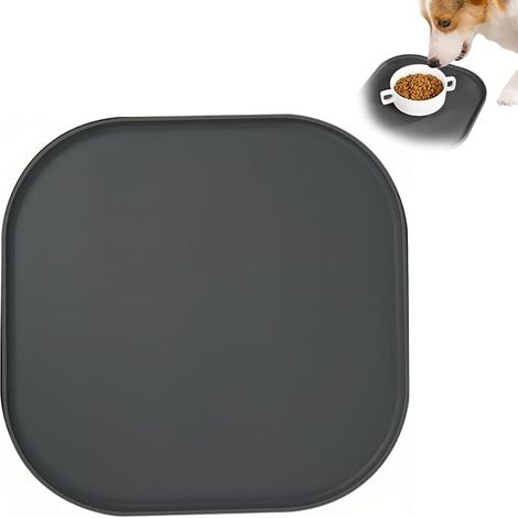 Tapis Gamelle Silicone 27cmChien Chat Antidérapant Imperméable Rebord Silicone alimentaire, Gris, dimension 27cm carré, rebord anti-déversement, lavable facilement, usage gamelle chien et chat (1/4)