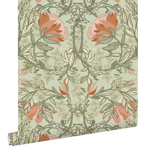 papier peint fleurs vintage de style art nouveau vert et terracotta - ESTAhome (1/5)