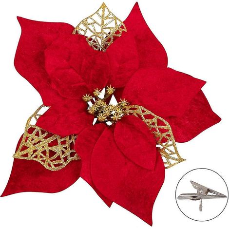 15 poinsettias artificiels, fleurs de Noël décoratives, ornements pour sapin de Noël, paillettes rouges et dorées, avec pinces (1/2)