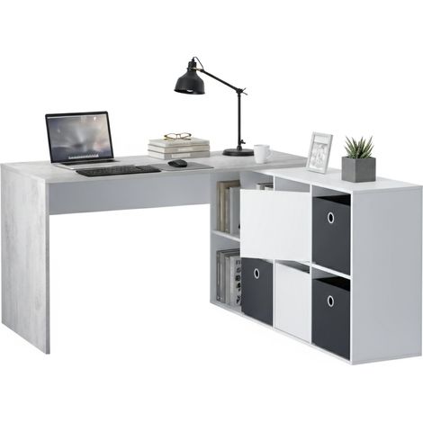 Dmora Escritorio reversible con librería de seis compartimentos, color blanco y concreto, 136 x 74 x 139 cm., con embalaje reforzado