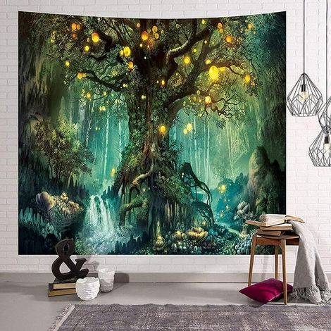 Tenture Arbre de Vie, Forêt Psychédélique Panoramique Féerique Elfes Murale, Chute d'Eau Sous Arbre Enchanté Ancien Décoration Chambre Dortoir (1/5)