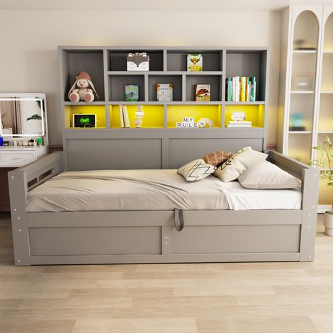 Lit coffre 90x200cm - canapé-lit + led + prise + rangements hydrauliques - mdf - gris (1/5)